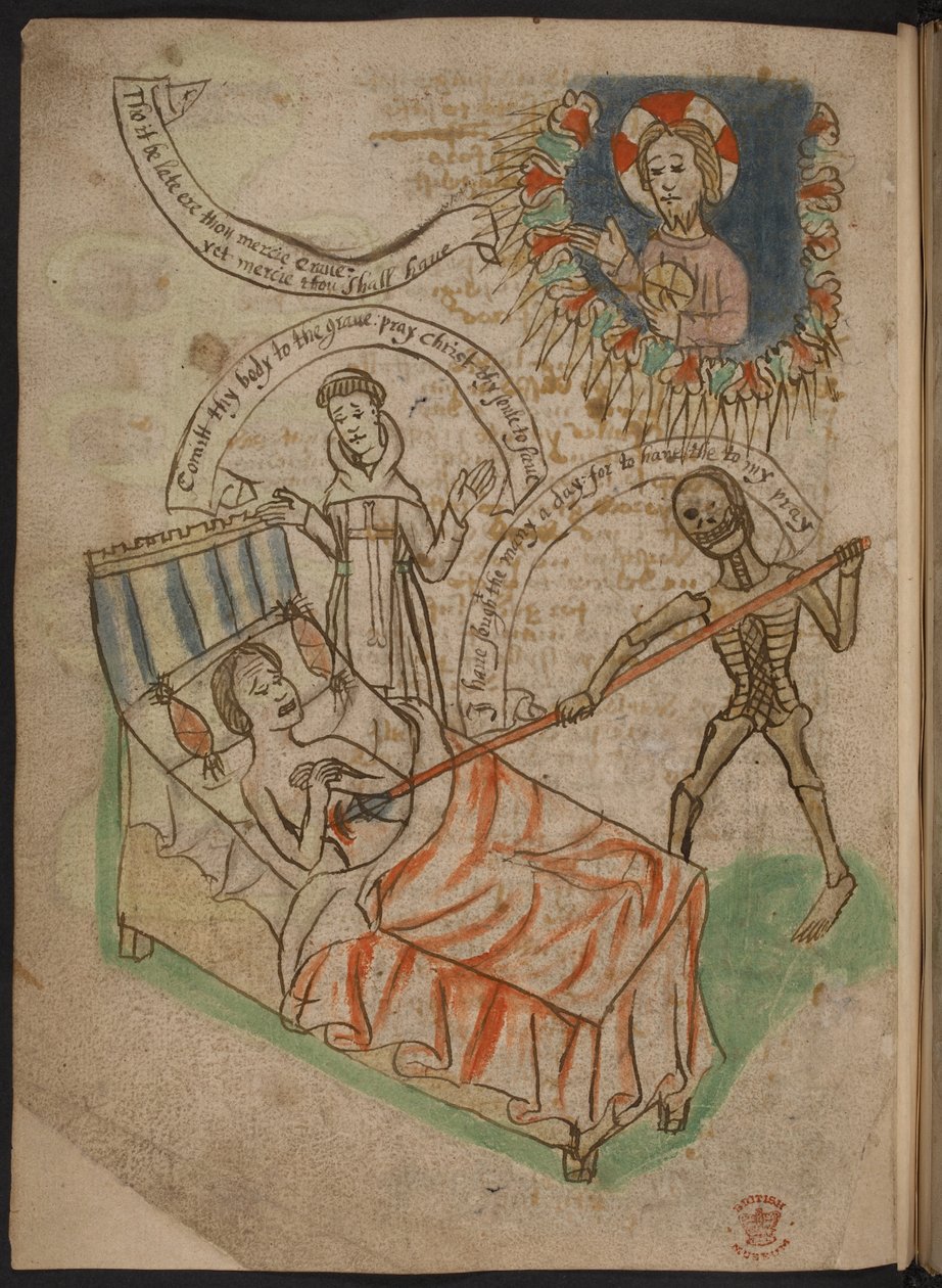 En man på sin dödsbädd, från A Carthusian miscellany of poems, chronicles, and treatises in Northern English, including an epitome or summary of Mandeville