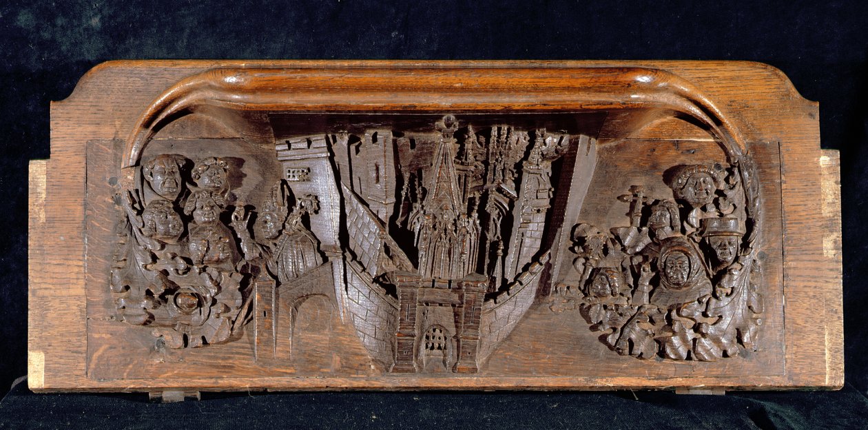 En misericord som visar en muromgärdad stad med en port med en upphöjd portcullis, New College Chapel, Oxford, sent 1300-tal (trä) av English School