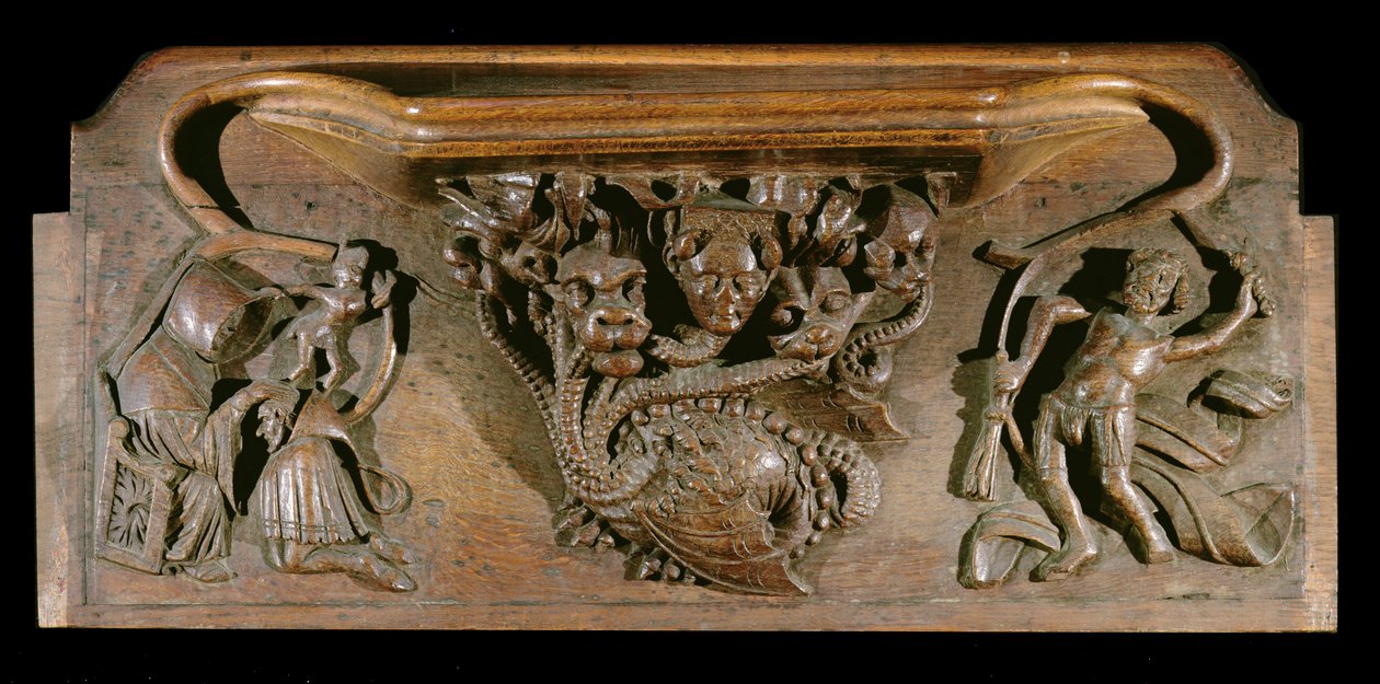 En misericord som föreställer en omständligt snidad hydra, symbolisk för de sju dödssynderna, med ett realistiskt människohuvud, New College Chapel, Oxford, sent 1300-tal (trä) av English School