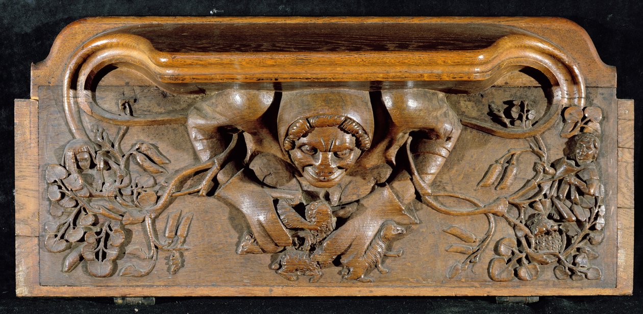 En misericord som visar en ogre med enorma axlar, New College Chapel, Oxford, sent 1300-tal (trä) av English School