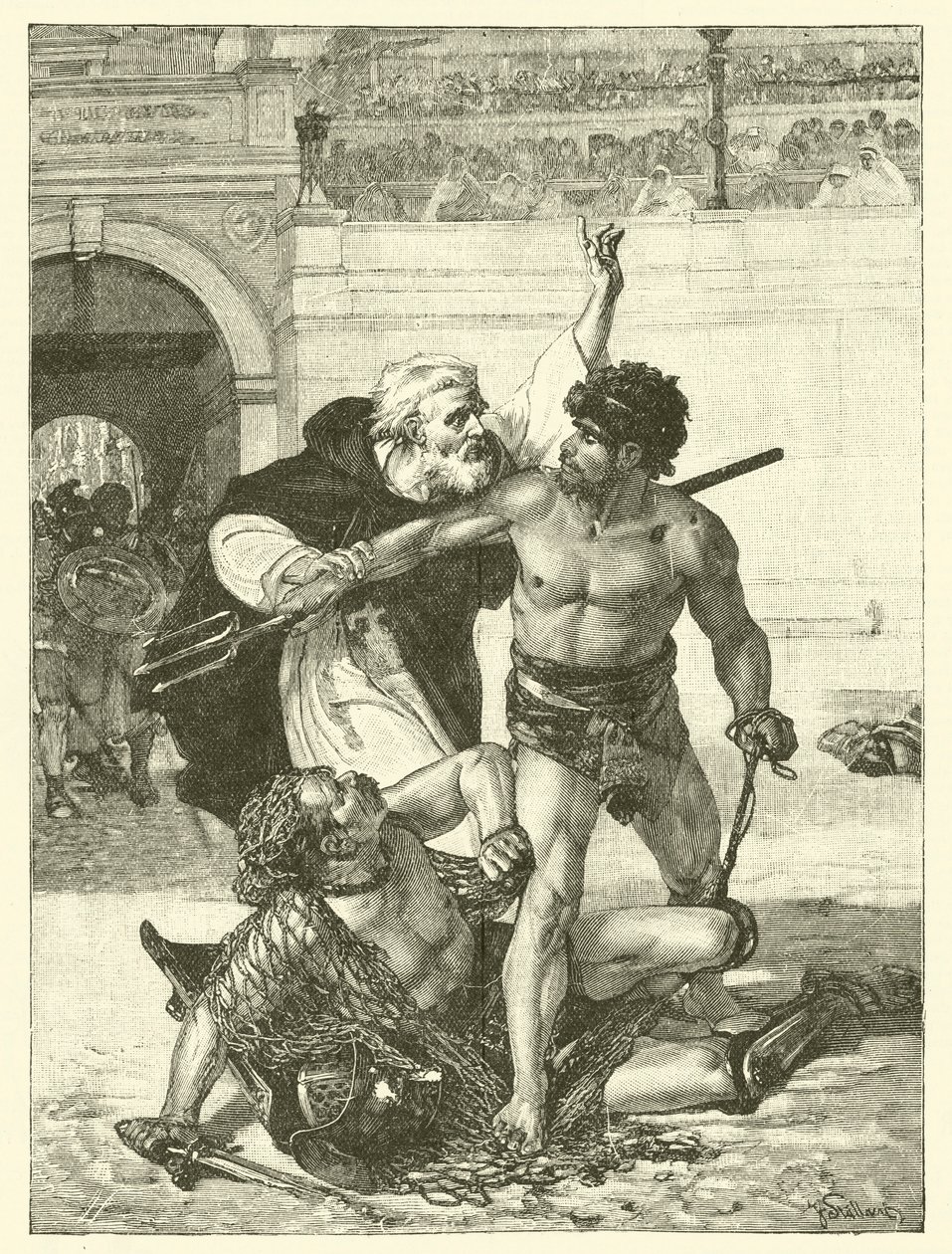 Munken Telemachos försöker stoppa gladiatorspelen på Colosseum i Rom (gravyr) av English School