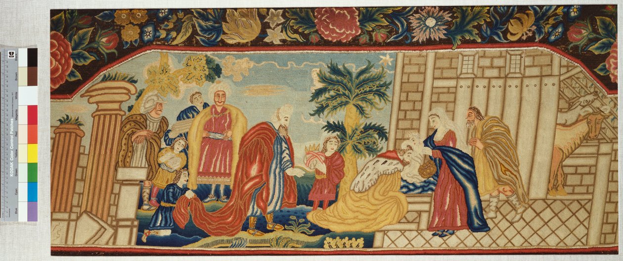 En handarbetad soffsits fint bearbetad i en tältsöm föreställande magiernas tillbedjan, ca 1730 av English School