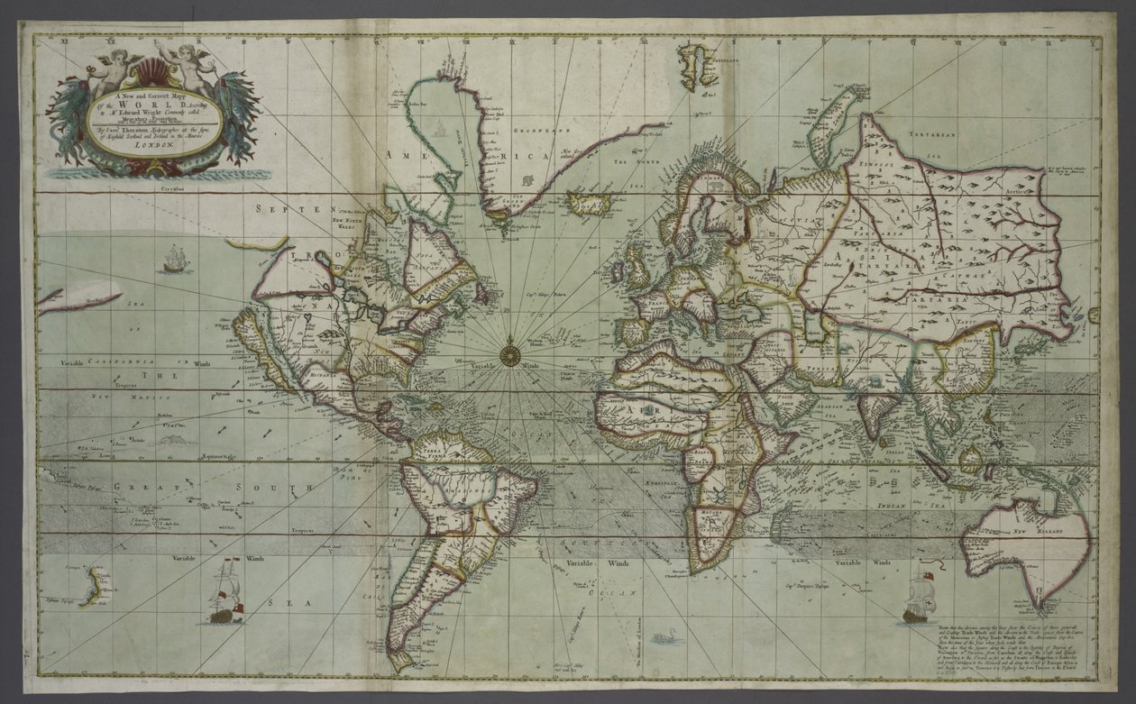 En ny och korrekt karta över världen från en havsatlas, 1707 (handfärgat tryck) av English School
