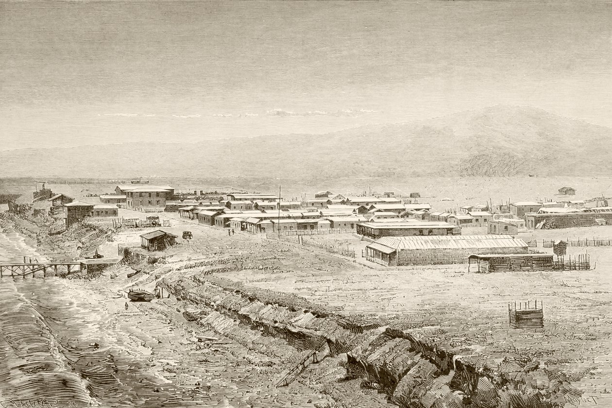 En 1800-talsöversikt över Mejillones, Chile (litho) av English School