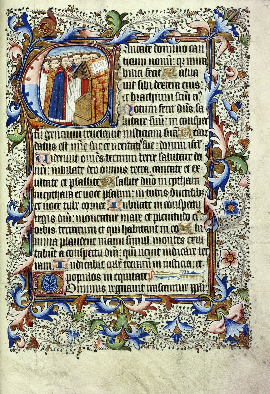 En sida från en psaltare på latin, med en historisk initial föreställande en grupp munkar som står framför en talarstol och skanderar, ca 1455 av English School
