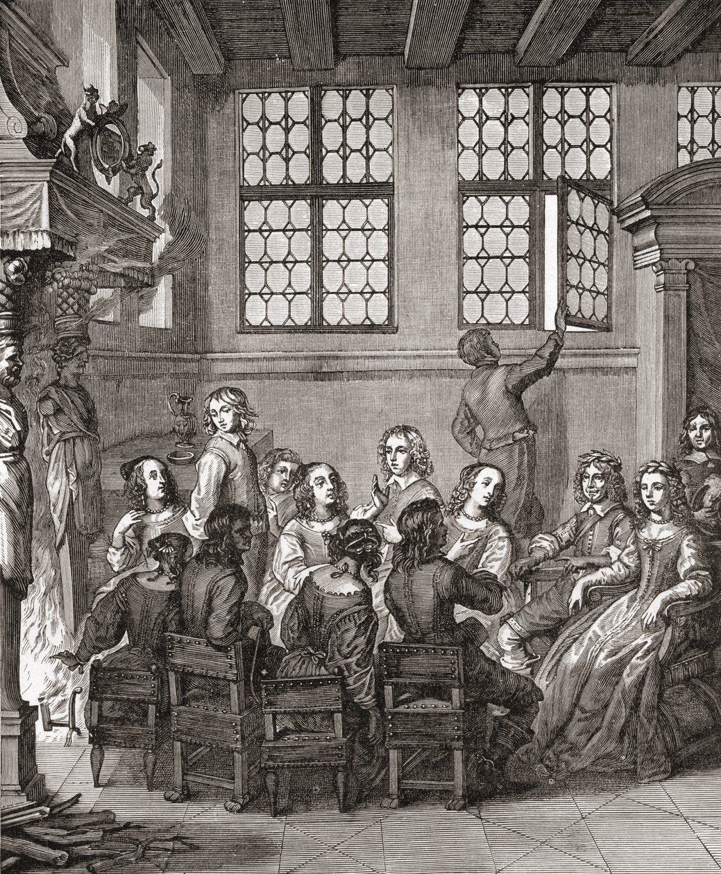 En fest på Duke of Newcastles House, frontispice till Natures Pictures av Margaret, Duchess of Newcastle, 1656, från A Short History of the English People av J. R. Green, publicerad 1893 av English School