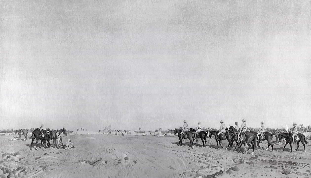 En patrull av 14:e husarer med befälhavare överstelöjtnant R.W. Hewitt DSO närmar sig för att ta turkisk kapitulation vid kapitulationen av Kazimain, 11 mars 1917, publicerad ca 1918 (photolitho) av English School