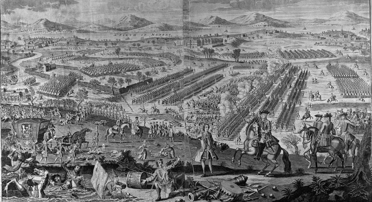 En perspektivvy av det härliga slaget vid Drunmossie Moor den 16 april 1746, 1746 av English School