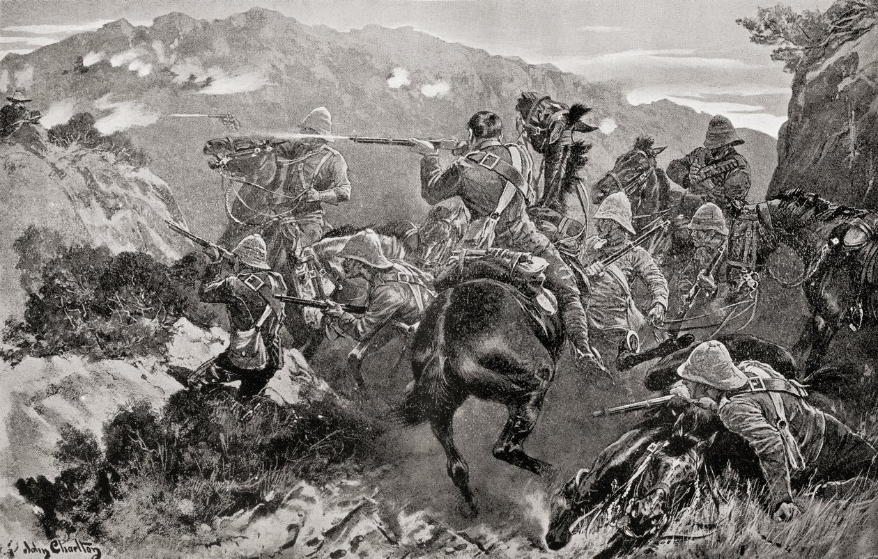 En piket av 13:e husarer överraskade nära Tugelafloden, Hussar Hill, KwaZulu-Natal-provinsen under andra boerkriget, från "Sydafrika och Transvaalkriget", av Louis Creswicke, publicerad 1900 (litho) av English School
