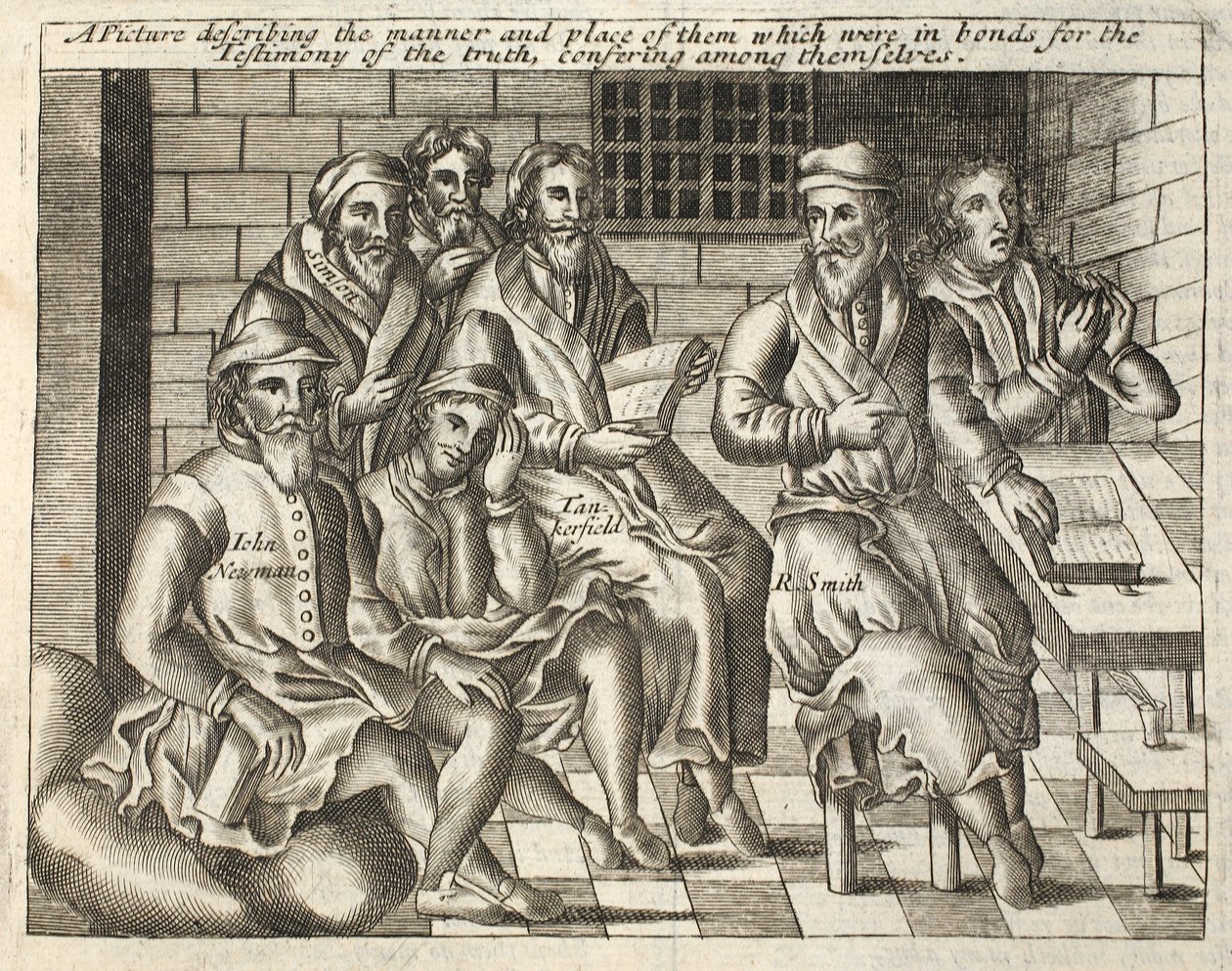 En bild som beskriver sättet och platsen för dem som var i band för sanningens vittnesbörd, konfererande sinsemellan, illustration från Acts and Monuments av John Foxe, nionde upplagan, pub. av English School