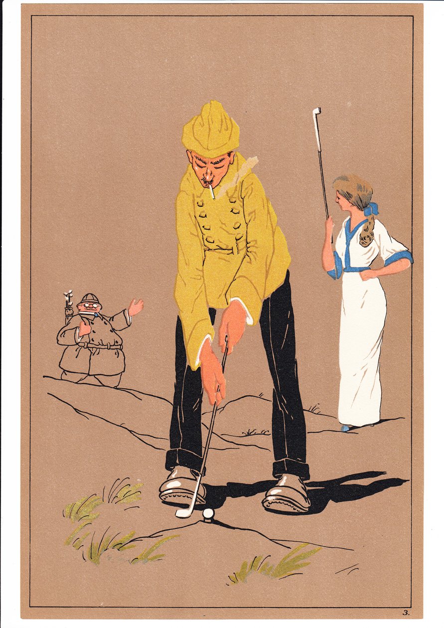 Ett tryck av två golfare i komiska och humoristiska ställningar, ca 1920 av English School