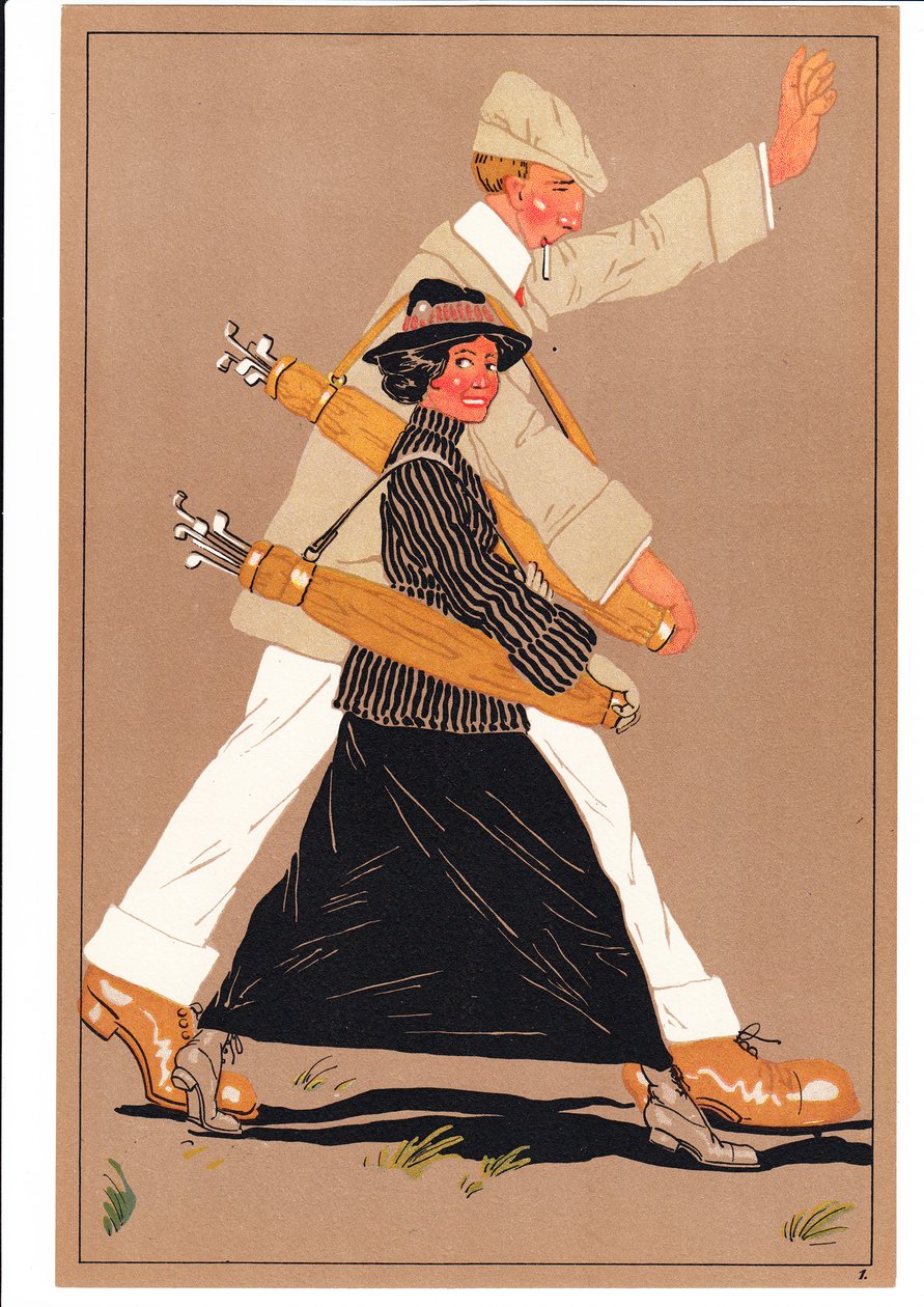 Ett tryck av två golfare i komiska och humoristiska ställningar, ca 1920 av English School