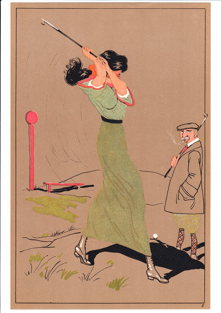 Ett tryck av två golfare i komiska och humoristiska ställningar, ca 1920 av English School