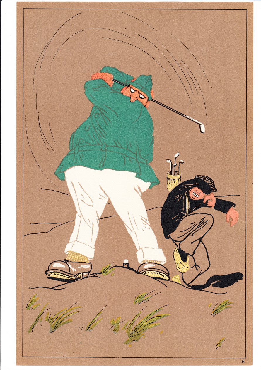 Ett tryck av två golfare i komiska och humoristiska ställningar, ca 1920 av English School