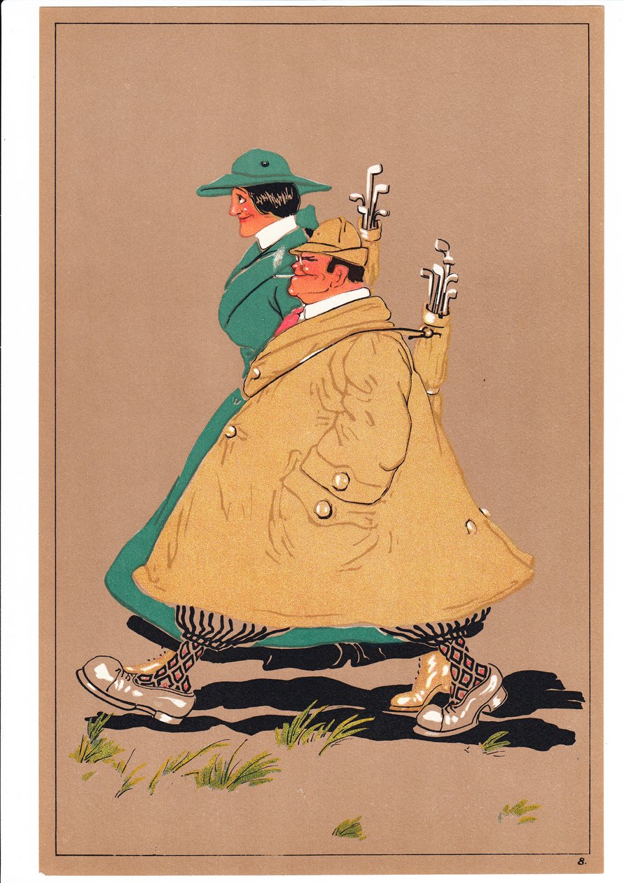 Ett tryck av två golfare i komiska och humoristiska ställningar, ca 1920 av English School
