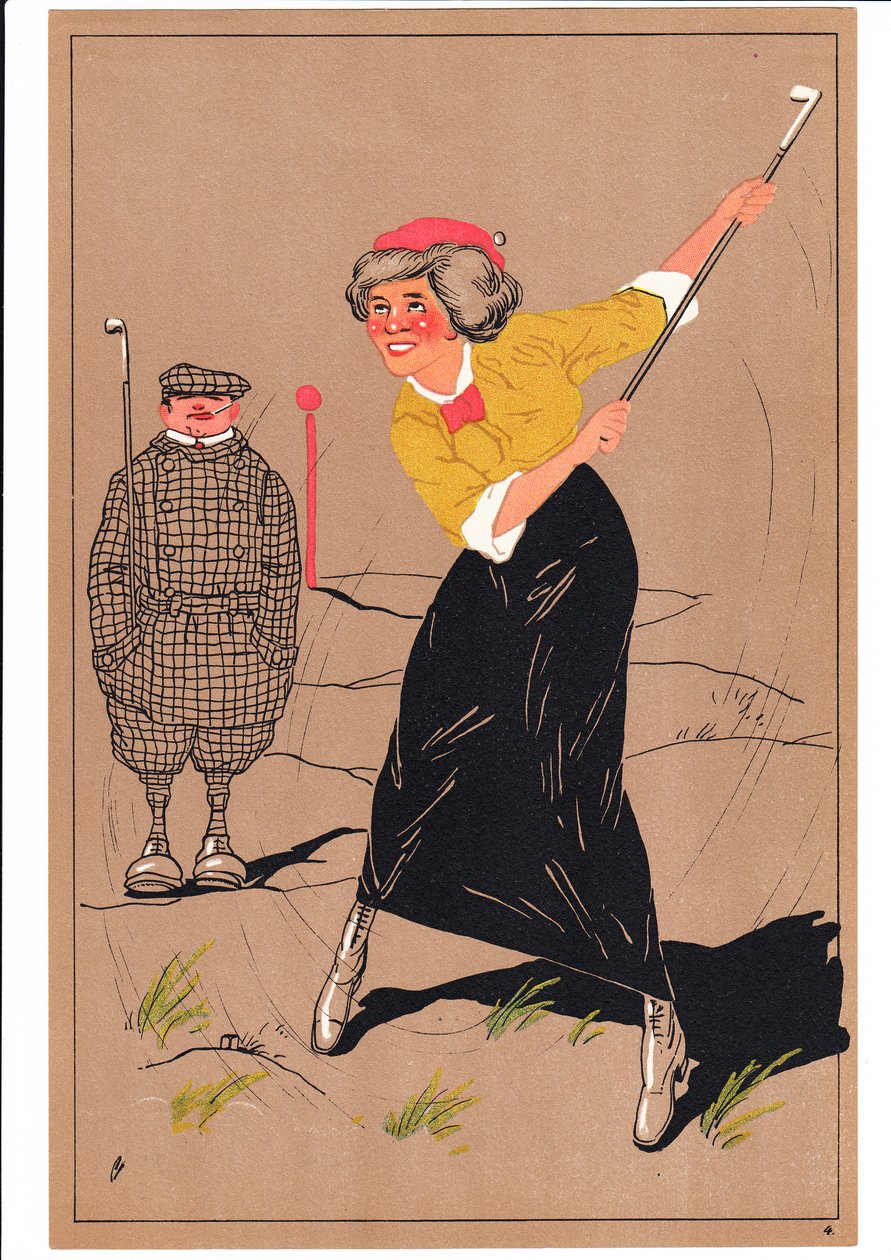 Ett tryck av två golfare i komiska och humoristiska ställningar, ca 1920 av English School