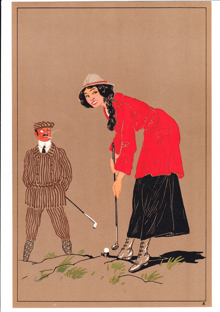 Ett tryck av två golfare i komiska och humoristiska ställningar, ca 1920 av English School