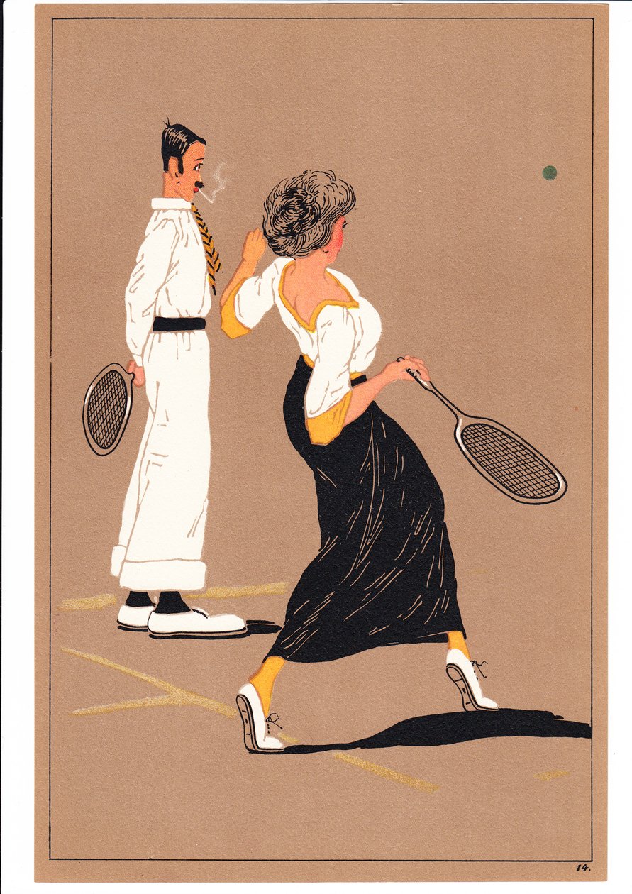 Tryck av två tennisspelare i komiska och humoristiska ställningar, ca 1920 (färglitografi) av English School