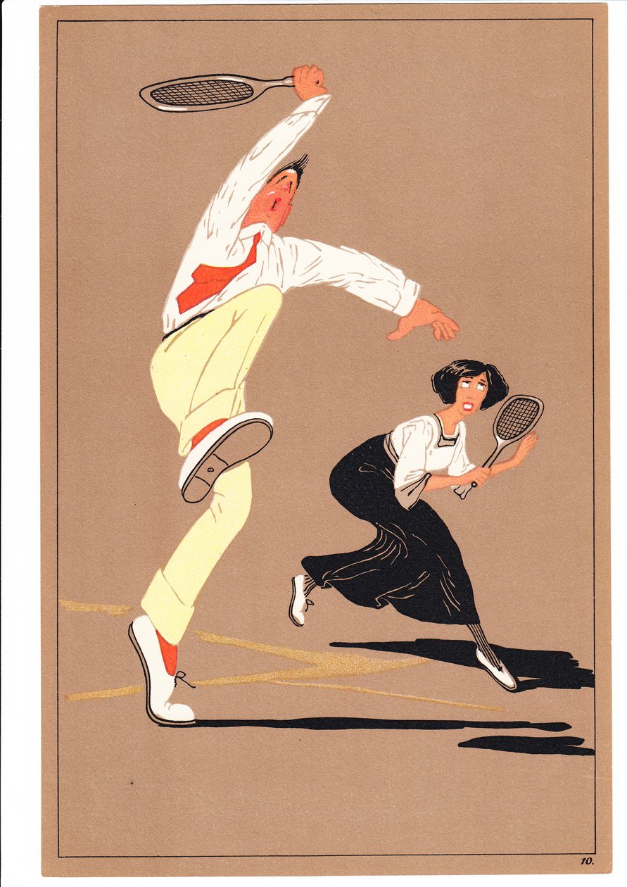 Ett tryck av två tennisspelare i komiska och humoristiska ställningar, c.1920 av English School