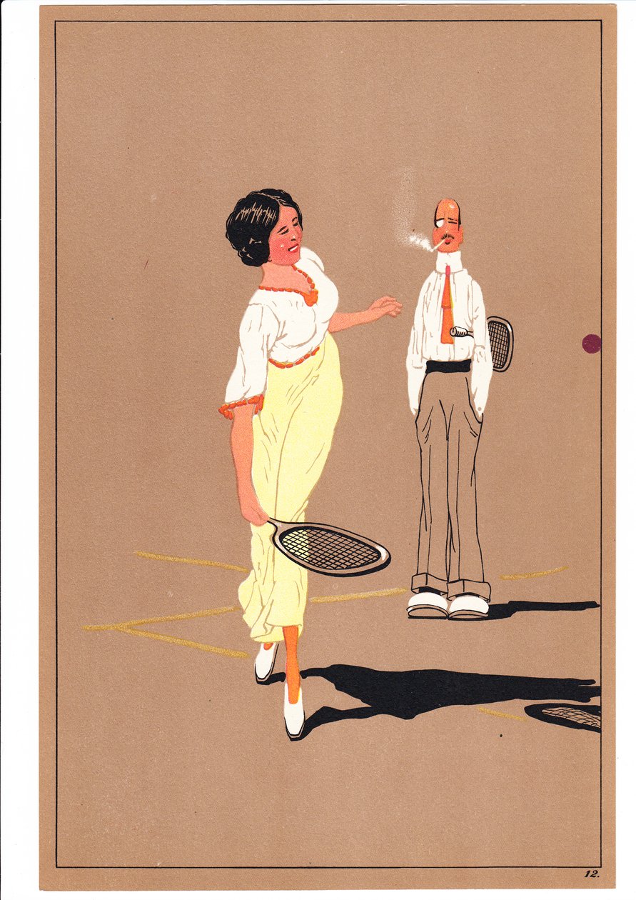 Ett tryck av två tennisspelare i komiska och humoristiska ställningar, c.1920 av English School