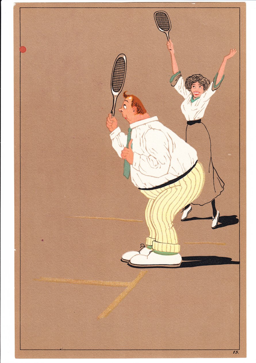 Ett tryck av två tennisspelare i komiska och humoristiska ställningar, c.1920 av English School