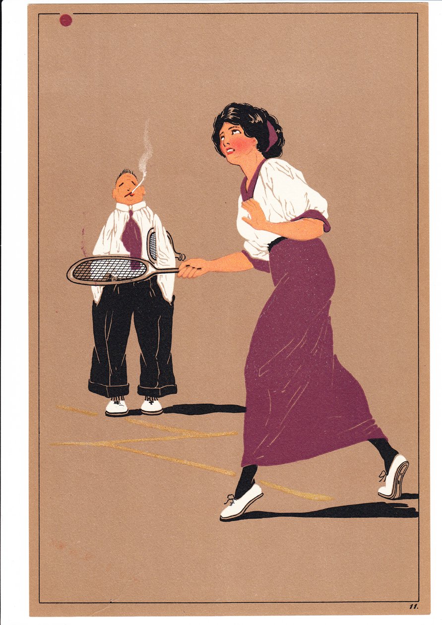 Ett tryck av två tennisspelare i komiska och humoristiska ställningar, c.1920 av English School