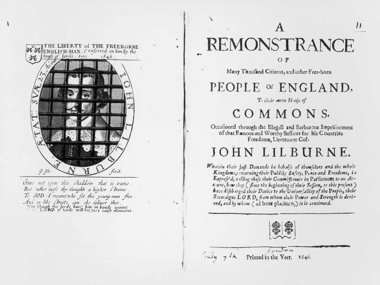 En protest från Levellers till House of Commons angående fängslandet av deras ledare John Lilburne (ca 1614-57) publicerad 1646 av English School