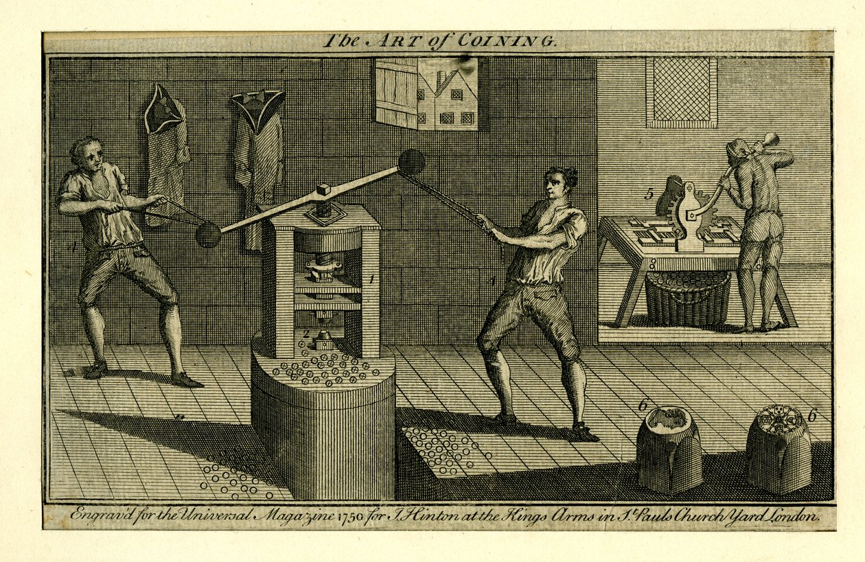En skruvpress i drift på Royal Mint in the Tower, från Universal Magazine av English School