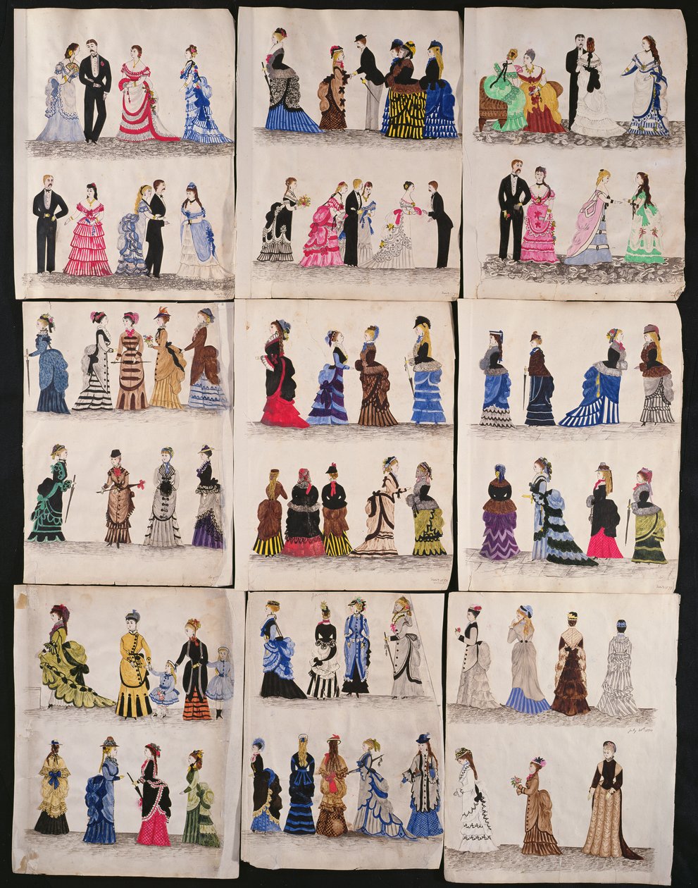 Ett urval av viktorianskt mode, inklusive balsal och promenadklänningar, ca 1876 (wc på papper) av English School