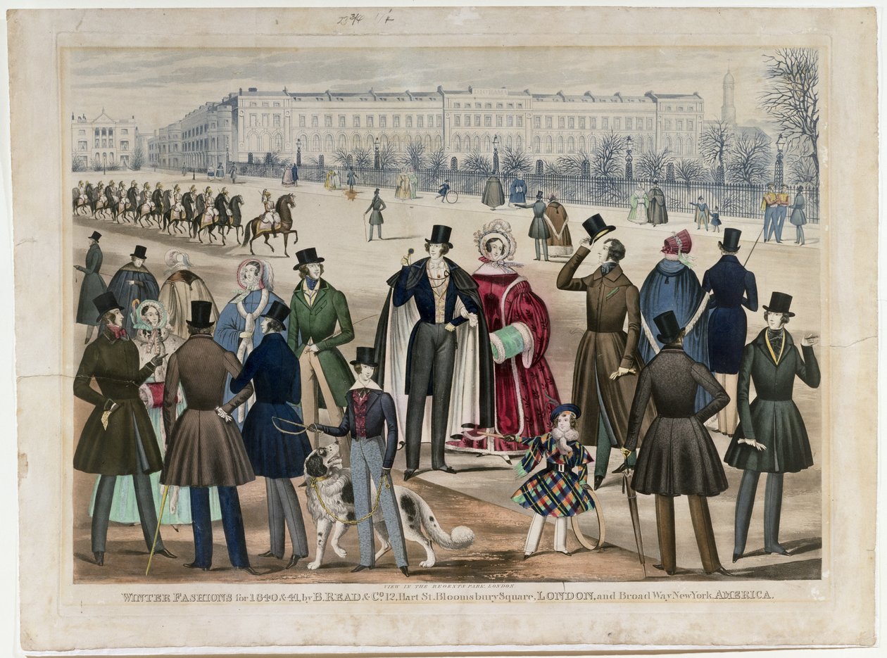 En vy i Regents Park, London, som visar vintermode 1840 och 1841, publicerad av B.Read & Co, 1840 (akvatint på papper) av English School