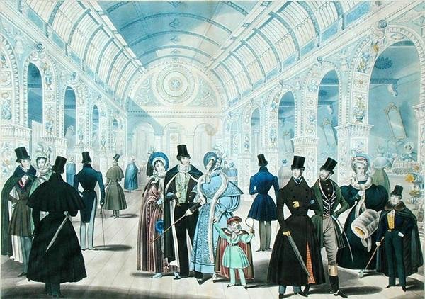 En vy i Pantheon, Oxford Street, London, som visar vintermodet från november 1834 till april 1835, utgiven av B.Read & Co. av English School
