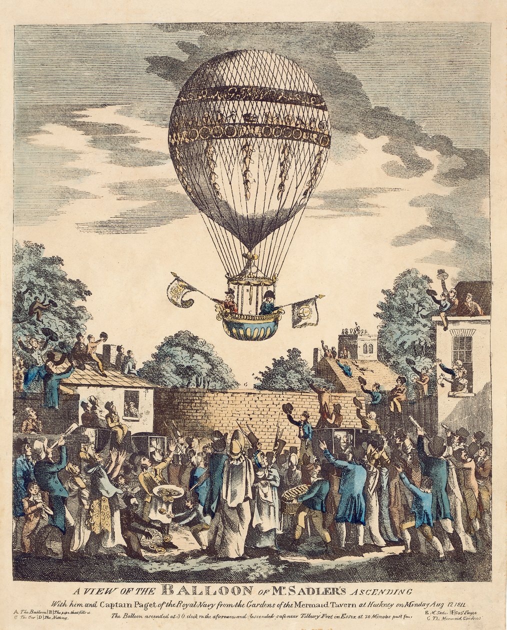 En vy över Mr Sadlers ballong som stiger upp med honom och kapten Paget från Royal Navy från trädgårdarna till Mermaid Tavern i Hackney måndagen den 12 augusti av English School