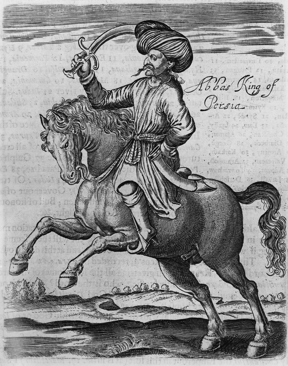 Abbas King of Persia, illustration från "Några år av resor till Afrika och Asien" av Sir Thomas Herbert, 1634 (gravyr) av English School