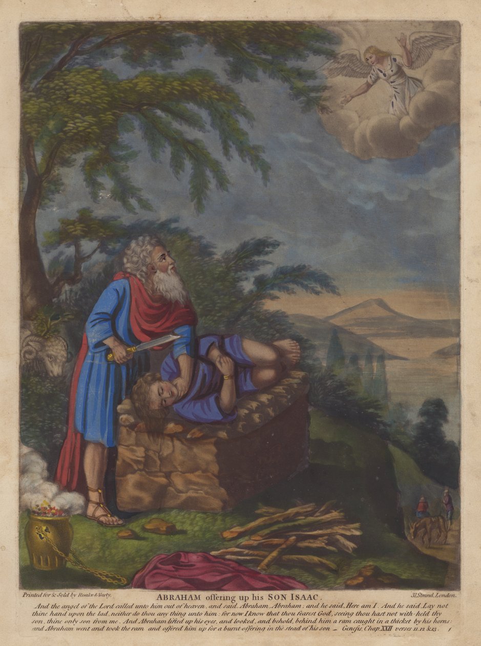 Abraham offrar sin son Isak (färglitografi) av English School