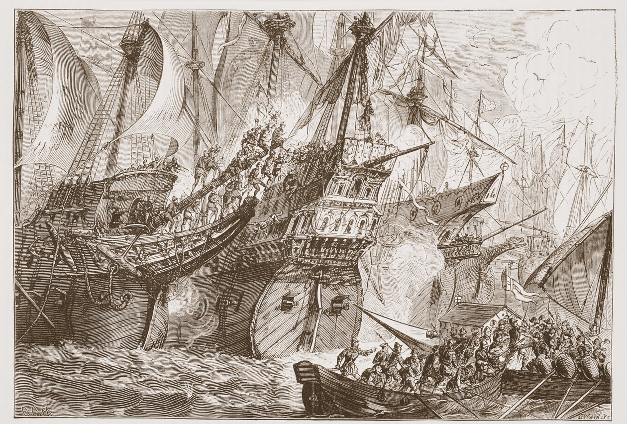 Åtgärd mellan den spanska flottan och skeppen av havets tiggare, illustration från The History of Protestantism av James Aitken Wylie (1808-1890), pub. 1878 av English School