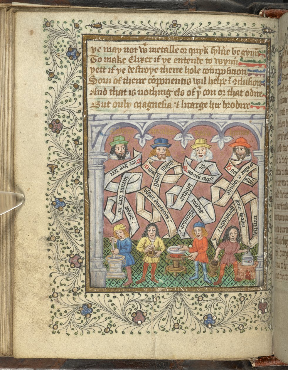 Lägg till 10302 fol.32v Alkemisterna Geber (800 eller 900 e.Kr.), Arnold av Villanova, Rhasis och Hermes Trismegistus, från 