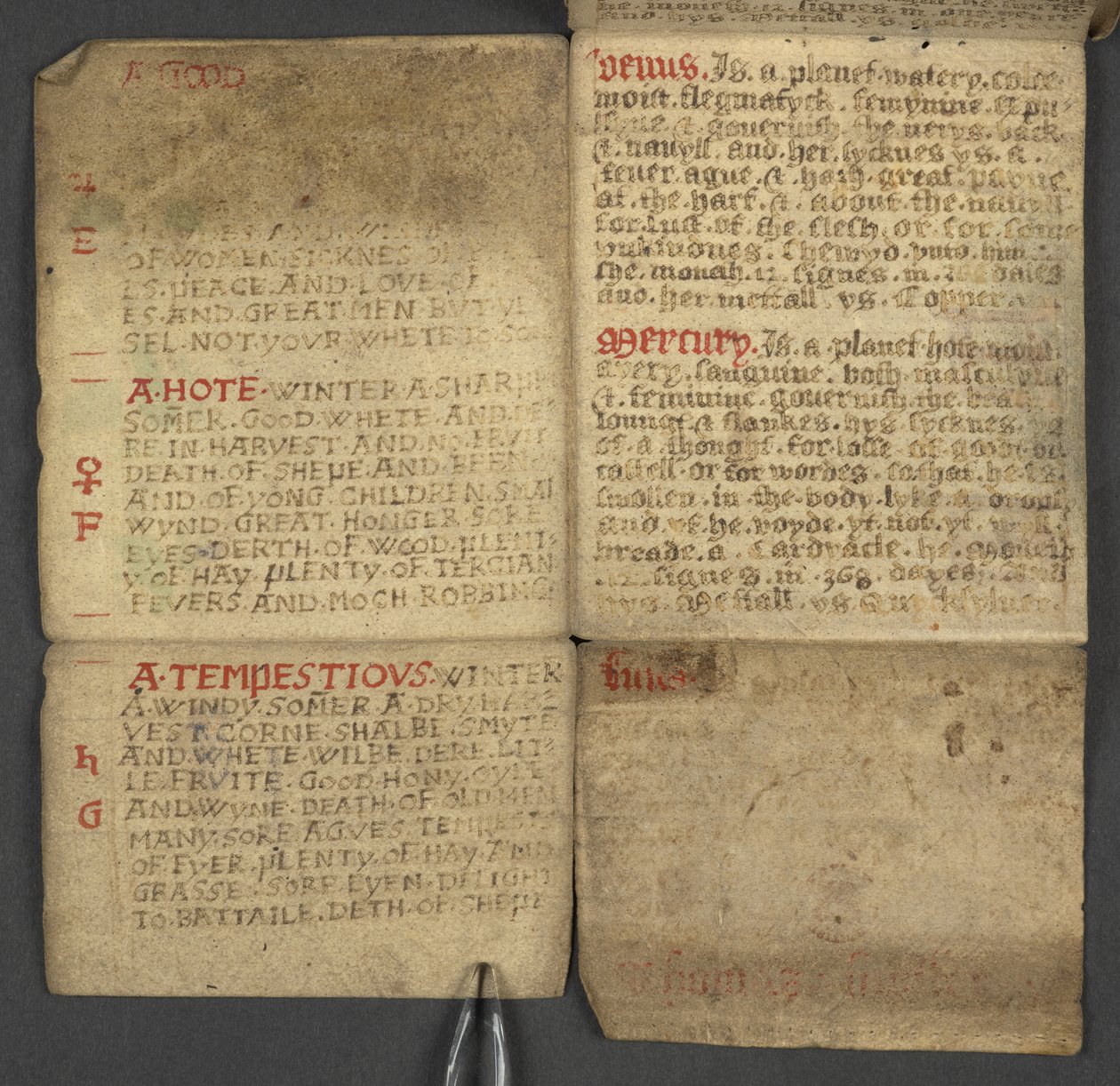 Lägg till. 17367, f.10r från Almanacka, innehållande tabell med dominikabokstäver och gyllene siffror; vägbeskrivningar för att hitta de rörliga festmåltiderna; helgonkalender, epoker, lista över engelska suveräner, väderprognoser, inflytande av zodiakens  av English School