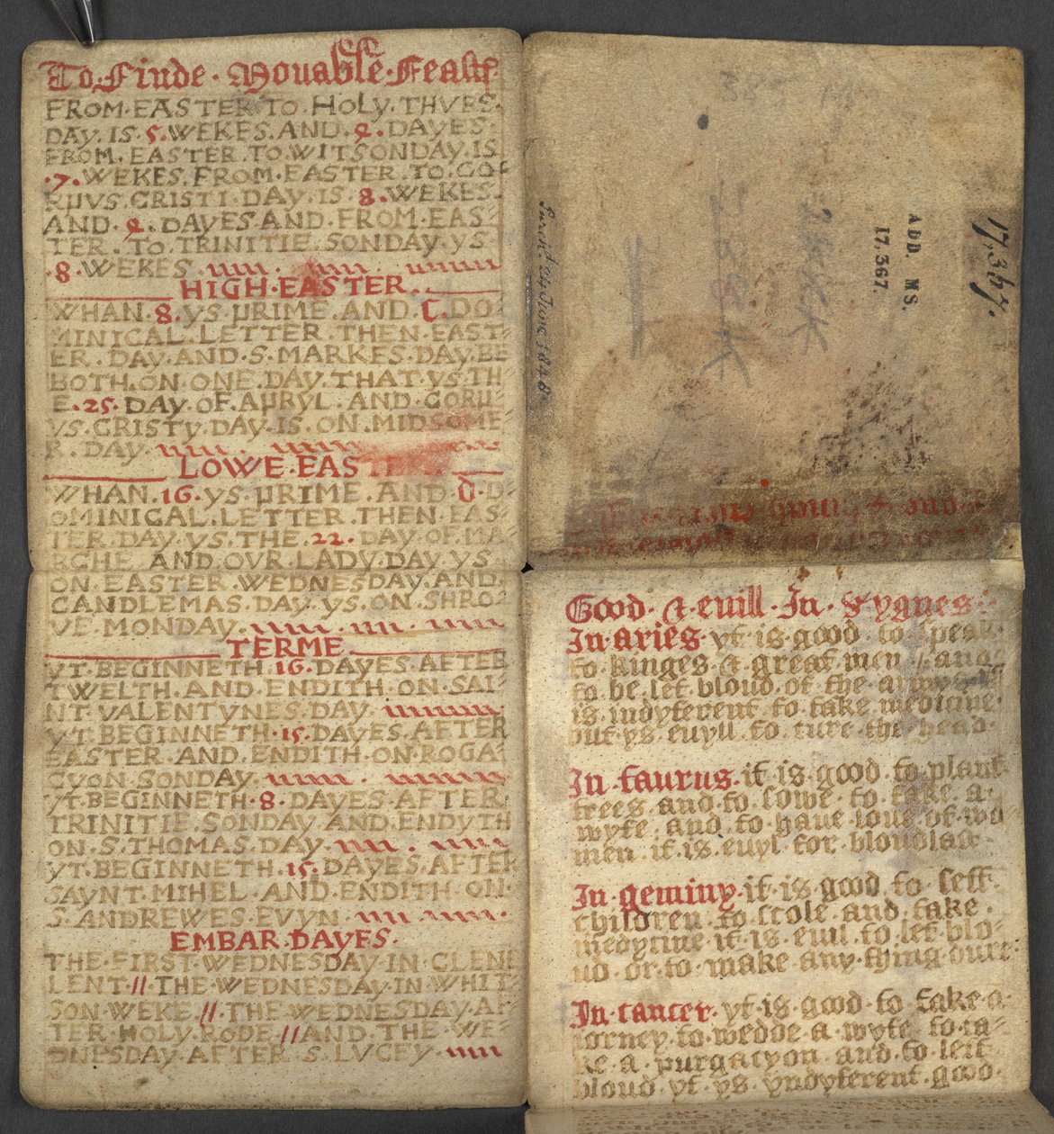 Lägg till. 17367, f.1r från Almanacka, innehållande tabell med dominikabokstäver och gyllene siffror; vägbeskrivningar för att hitta de rörliga festmåltiderna; helgonkalender, epoker, lista över engelska suveräner, väderprognoser, inflytande av zodiakens t av English School