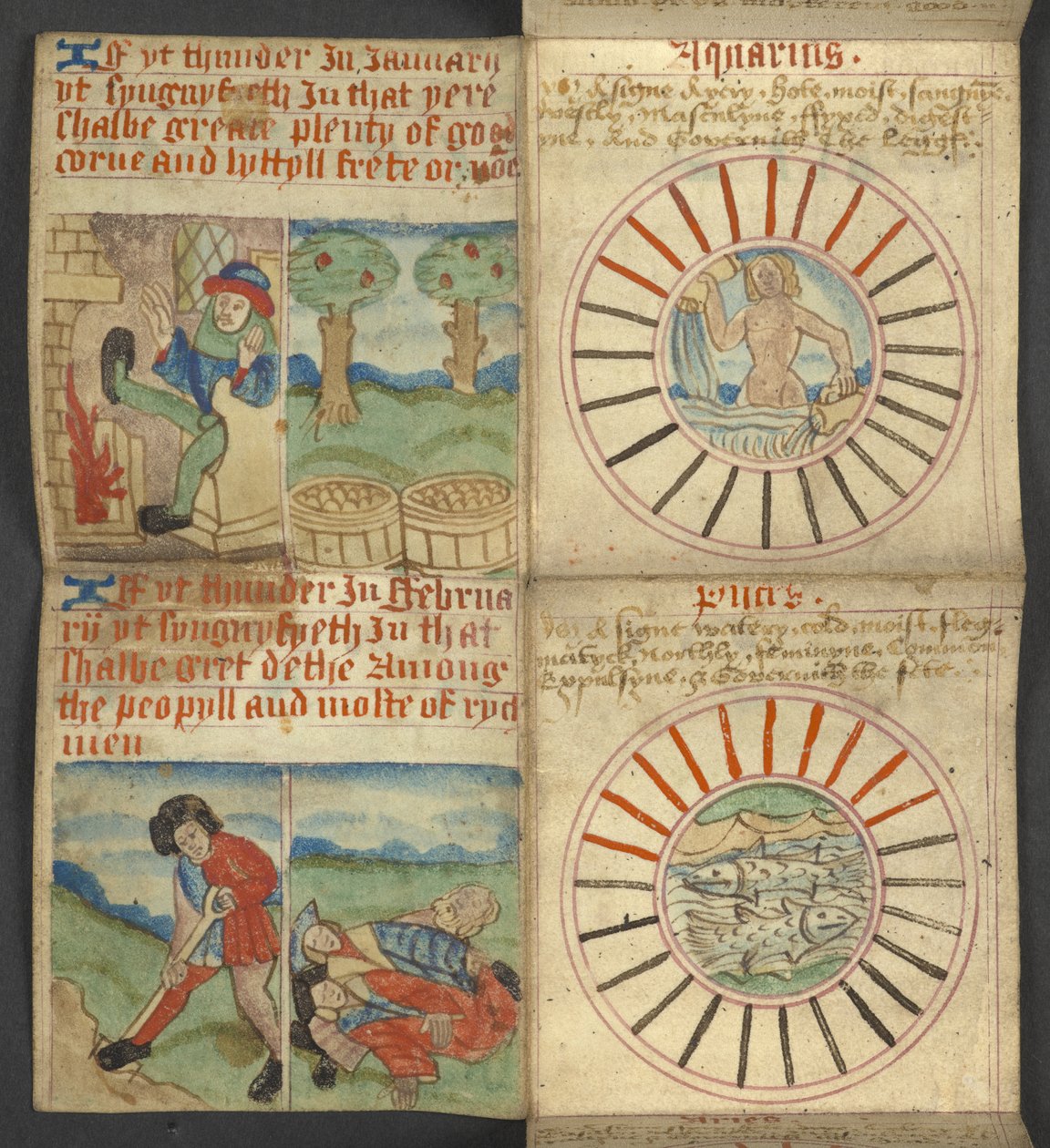 Lägg till. 17367, f.3r Vattumannen & Fiskarna, från Almanacka, innehållande tabell med dominiska bokstäver och gyllene siffror; vägbeskrivningar för att hitta de rörliga festmåltiderna; helgonkalender, epoker, lista över engelska suveräner, väderprognoser, av English School