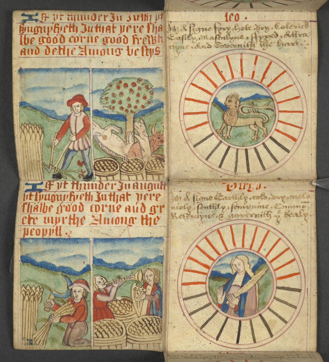 Lägg till. 17367, f.6r Leo & Jungfrun, från Almanacka, innehållande tabell med dominiska bokstäver och gyllene siffror; vägbeskrivningar för att hitta de rörliga festmåltiderna; helgonkalender, epoker, lista över engelska suveräner, väderprognoser, påverka av English School