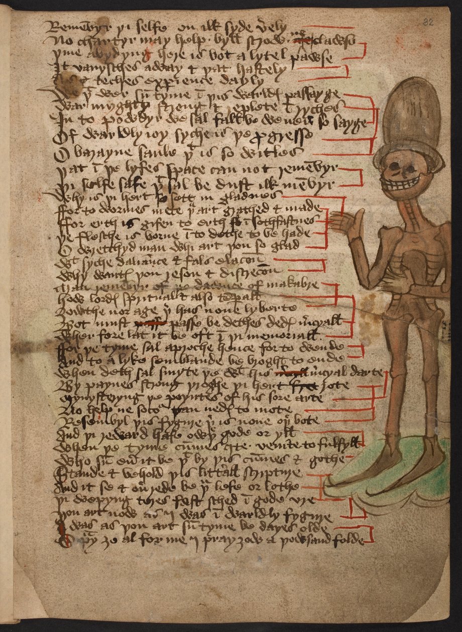 Lägg till 37049 f.32 Marginalbild av ett grinande skelett som vinkar och bär en hög hatt, som illustrerar "The Dawnce of Makabre" ca 1460-1500 (bläck & färg på veläng) av English School