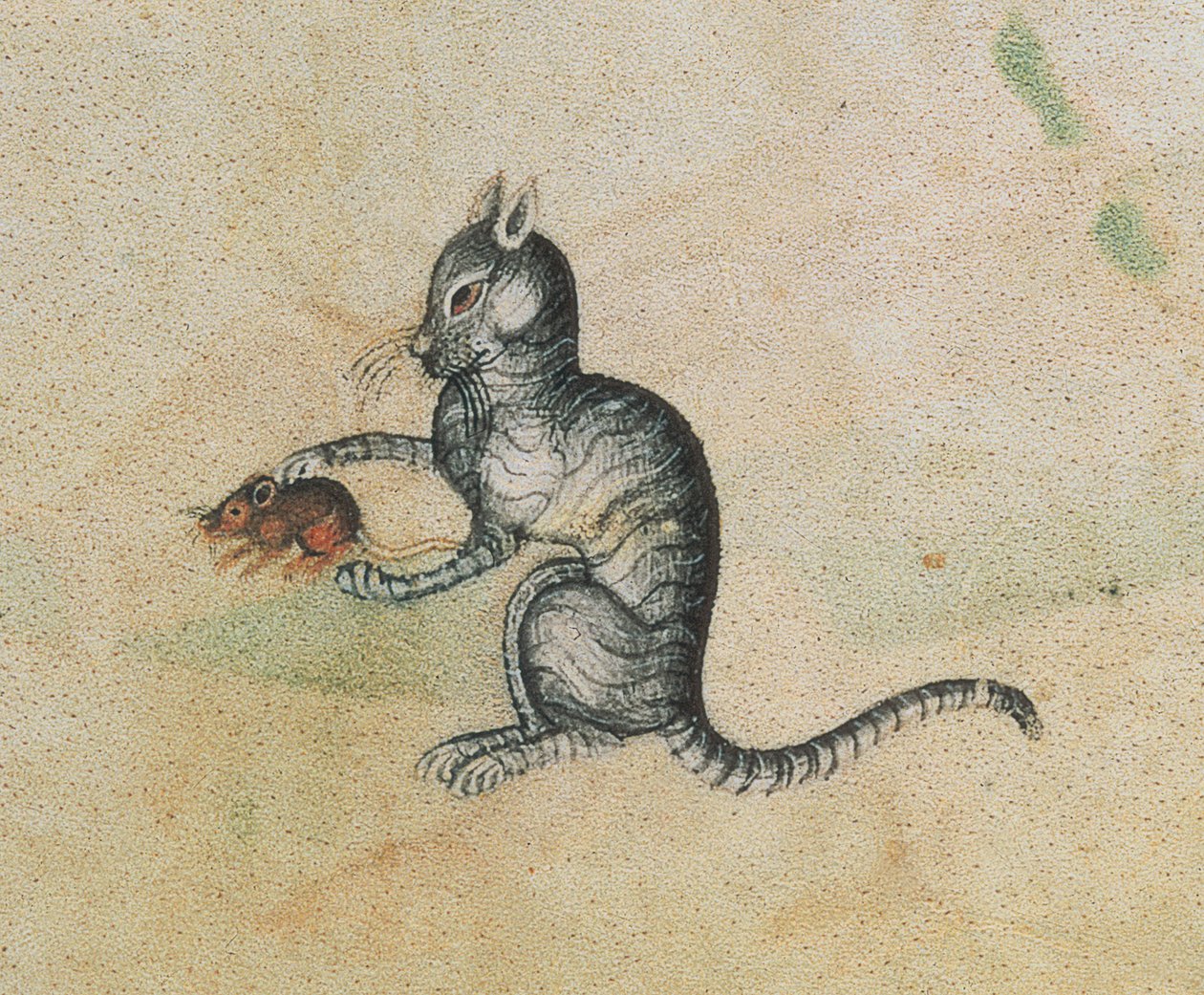 Lägg till 42130 f.190 En tamkatt som leker med en mus, från Luttrell Psalter, påbörjad före 1340 för Sir Geoffrey Luttrell (1276-1345) (detalj av 55684) av English School