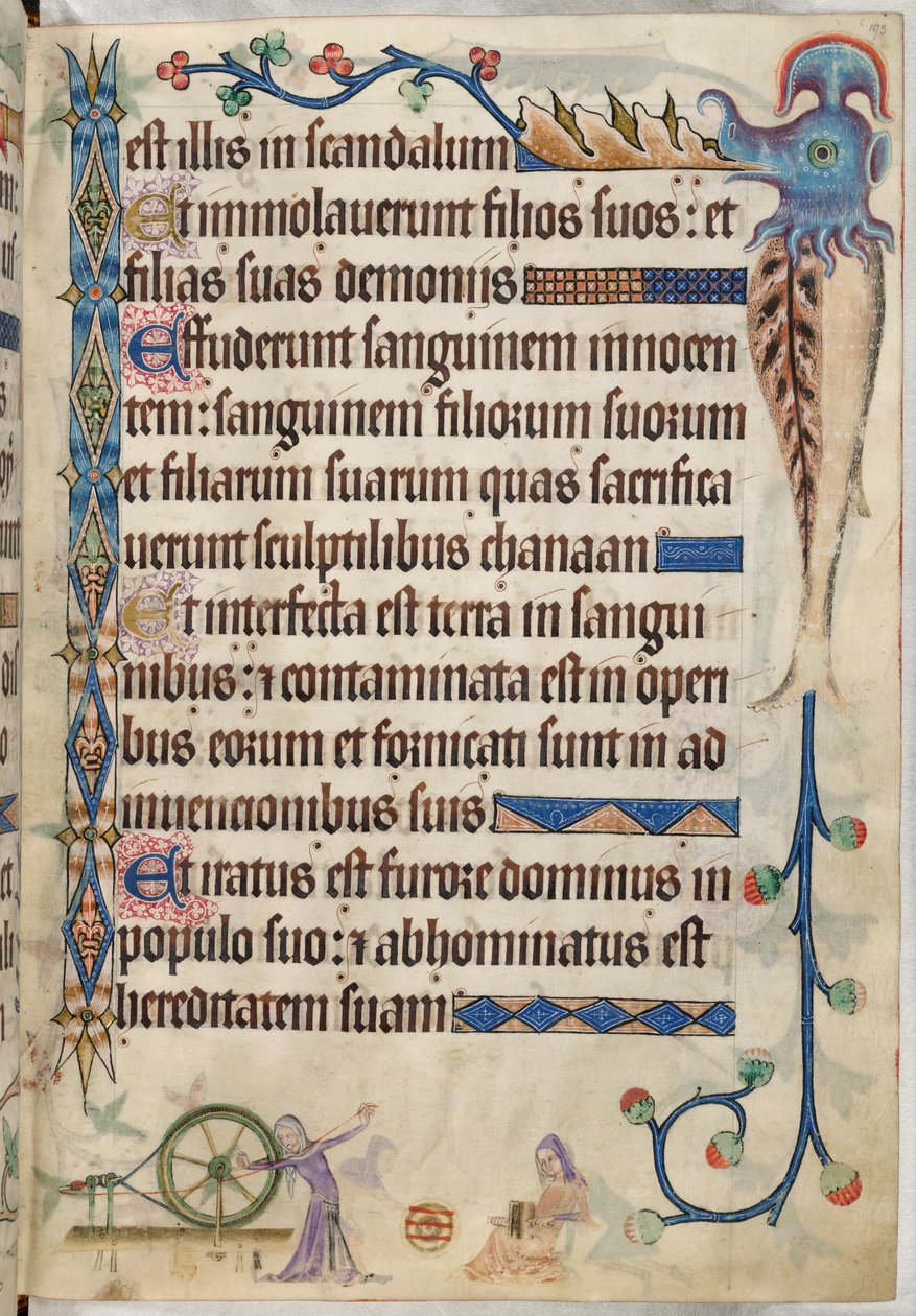 Lägg till. 42130, f.193, Psalm 105, Kvinnor som spinner och kardar ull, från 