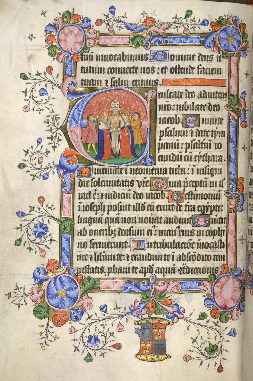 Lägg till. 42131 fol.151v Början av Psalm 80; initial "E": Davids och Michals äktenskap, båda krönta, från Bedford Psalter and Hours av English School
