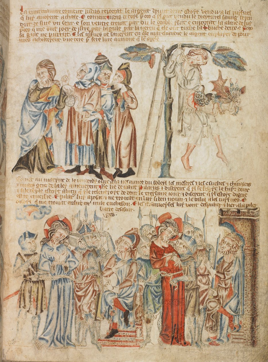 Lägg till. 47682, f.30, Judas lämnar tillbaka de trettio silverpjäserna; Judas död; Kristus före Pilatus och före Herodes, från Holkham Bible Picture Book, c.1320-30 (vellum) av English School