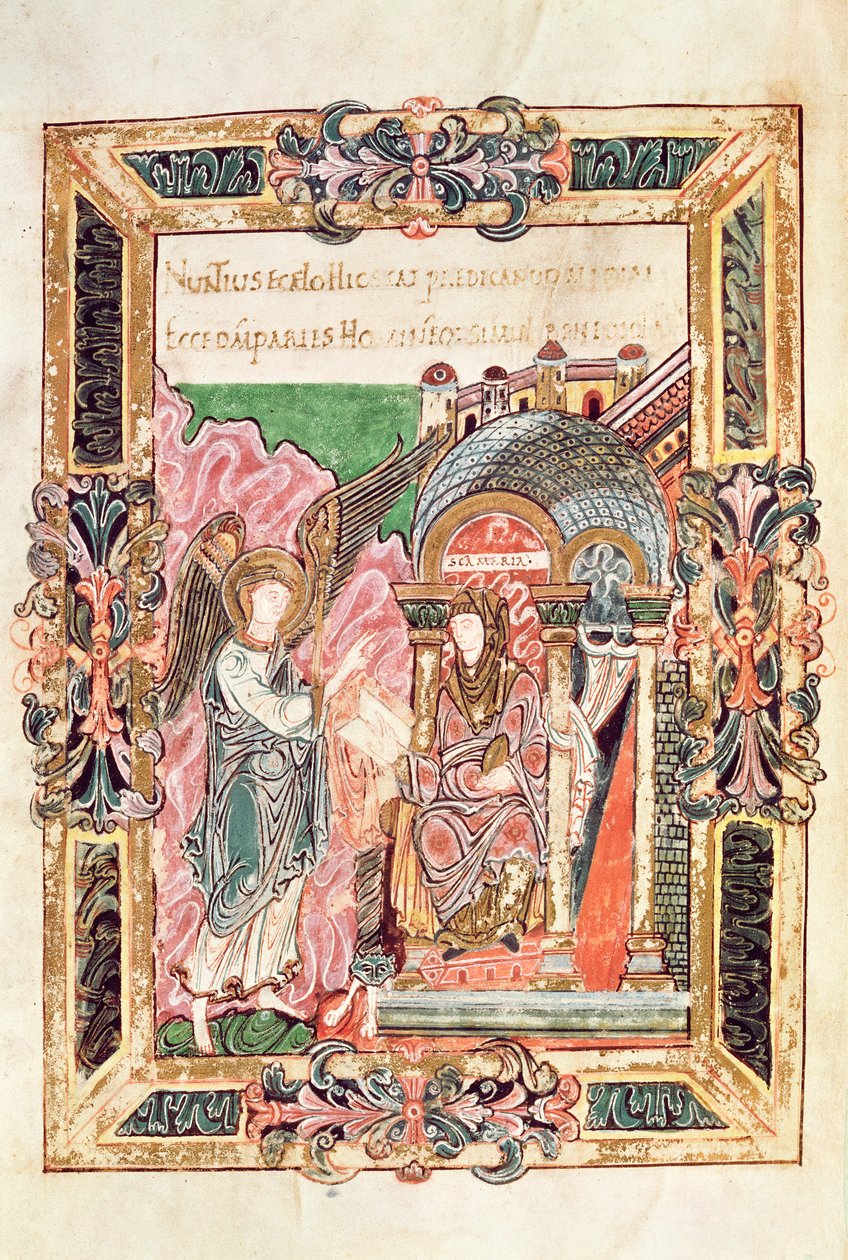Lägg till 49598 Annunciation, från Benedictional of St. Aethelwold, Winchester, c.980 (vellum) av English School