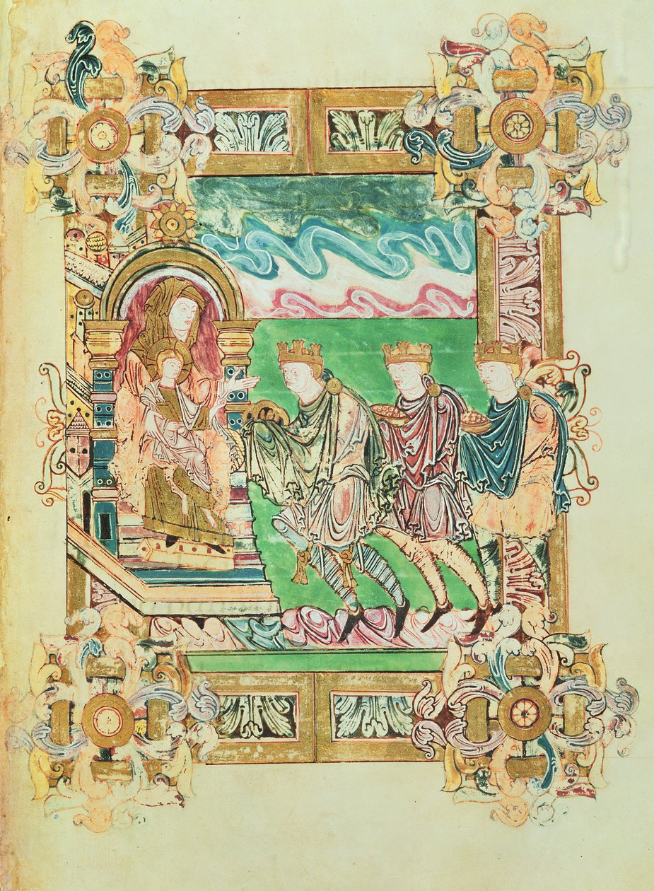 Lägg till 49598 f.24b Adoration of the Magi, från Benedictional of St. Aethelwold, Winchester, c.980 (vellum) av English School
