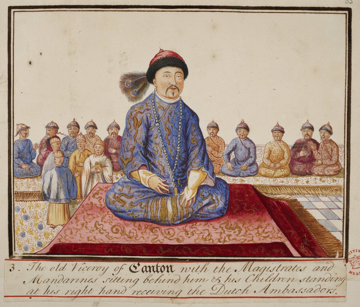 Lägg till. 5353, f.65 Kantonens vicekung med domare och mandariner, hans barn står vid hans högra hand och tar emot de holländska ambassadörerna, från 