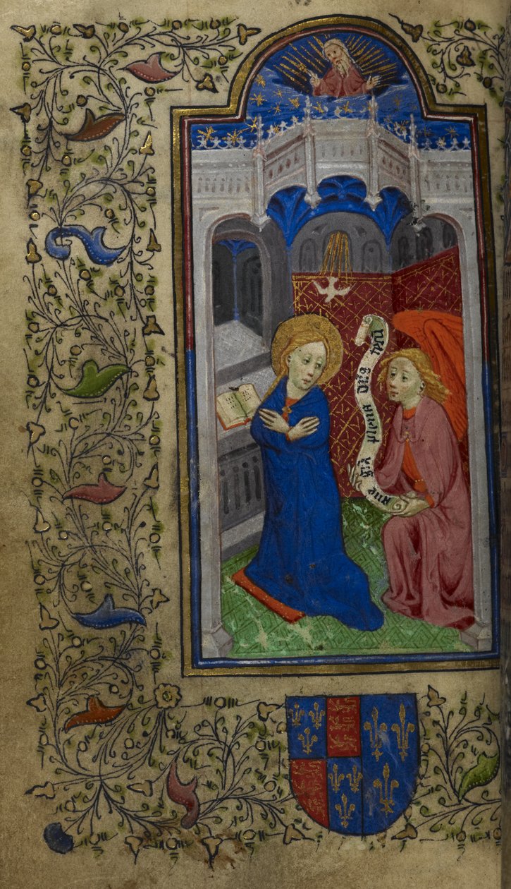 Lägg till. 65100, f.27v The Annunciation, Hours of Catherine de Valois, c.1420-22 (vellum) av English School