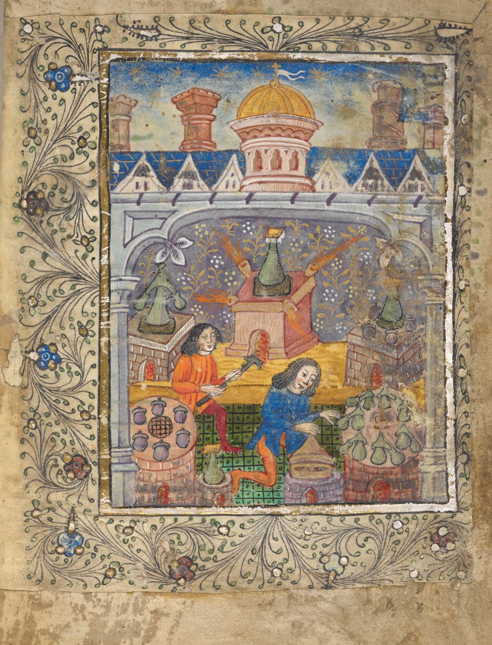 Lägg till MS 10302 f.37v f. 1r Sju ugnar med stillbilder, skötta av två män, under ett tak med en kupol och skorstenar, ca 1477 (vellum) av English School